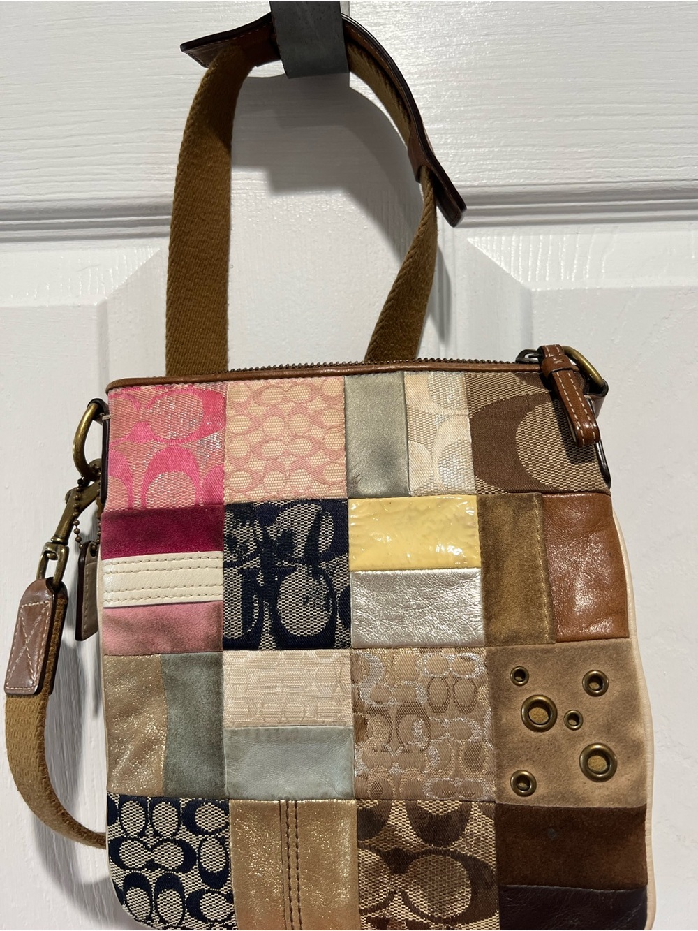 Vintage Coach Patchwork Multi-Panel Crossbody Bag in Pink, Yellow, Navy & Brown